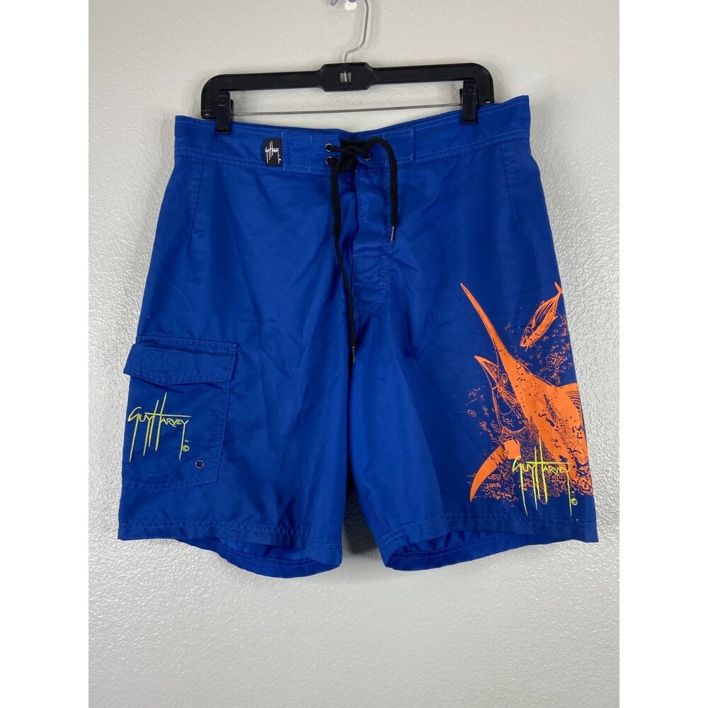 Guy Harvey Men 32 Blue Boardshorts Orange Marlin Embroidered Logo Beach Surf